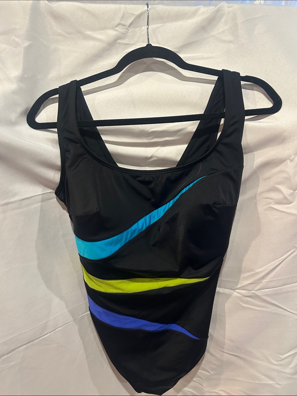 Longitude Black One-Piece Swimsuit with Blue, Lime & Purple Accents size 18W